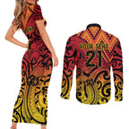 New Zealand Rangatira Custom Couples Matching Short Sleeve Bodycon Dress and Long Sleeve Button Shirt Red and Gold Niho Taniwha Maori Tribal