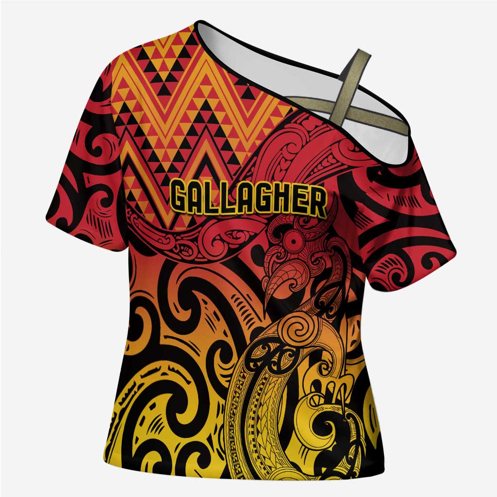 New Zealand Rangatira Custom Cross Shoulder Shirt Red and Gold Niho Taniwha Maori Tribal - Aussie Hoodie