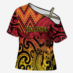 New Zealand Rangatira Custom Cross Shoulder Shirt Red and Gold Niho Taniwha Maori Tribal - Aussie Hoodie