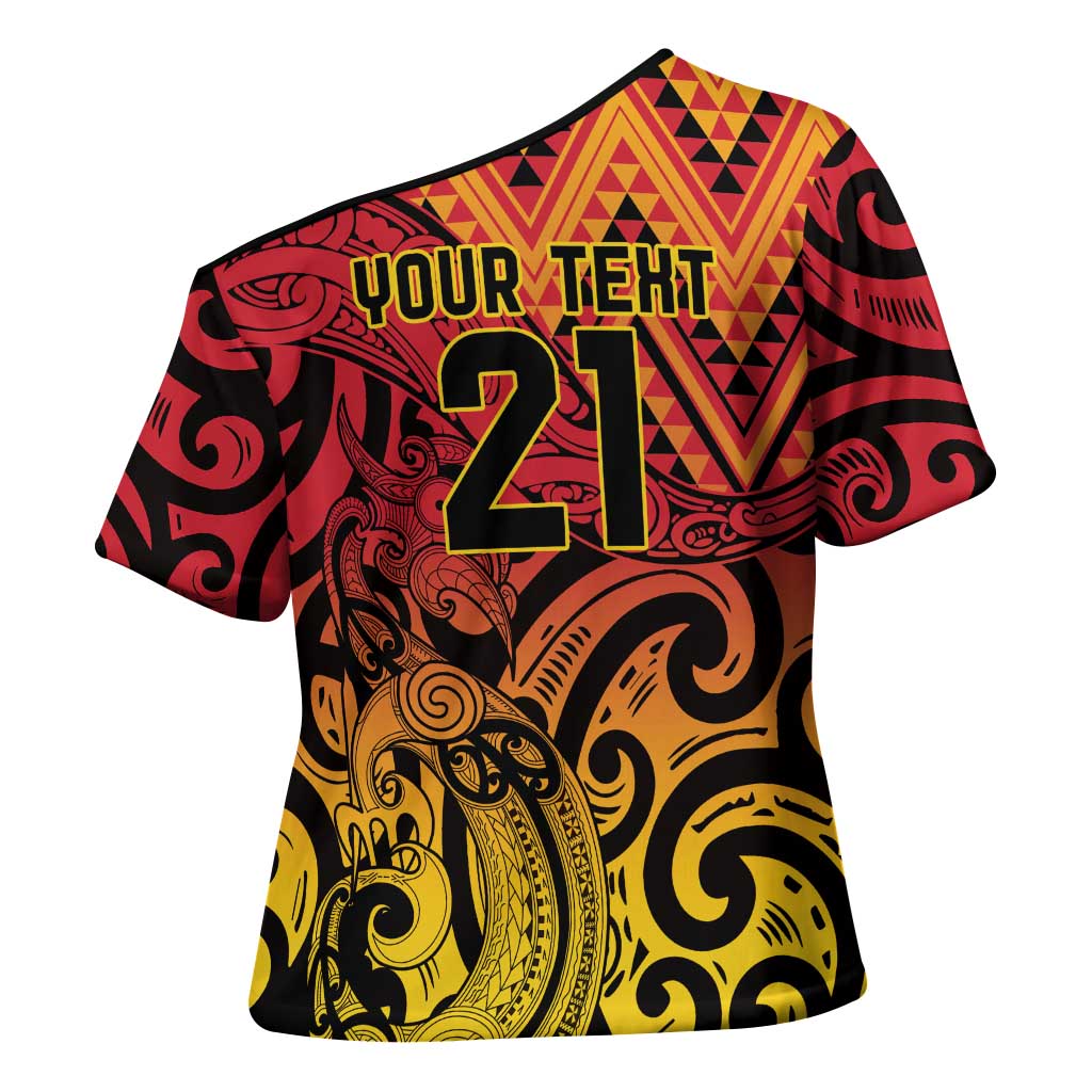 New Zealand Rangatira Custom Cross Shoulder Shirt Red and Gold Niho Taniwha Maori Tribal - Aussie Hoodie