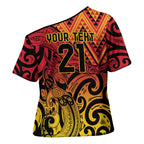 New Zealand Rangatira Custom Cross Shoulder Shirt Red and Gold Niho Taniwha Maori Tribal - Aussie Hoodie