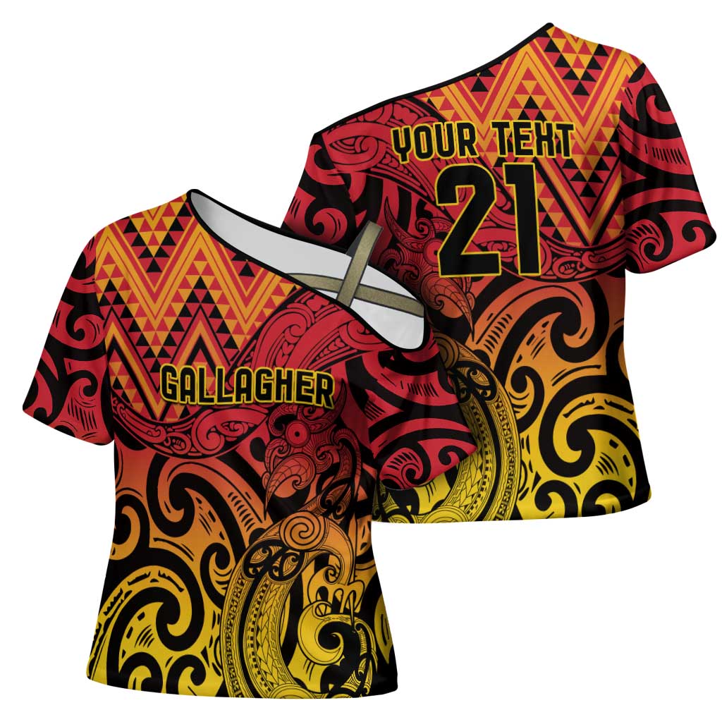 New Zealand Rangatira Custom Cross Shoulder Shirt Red and Gold Niho Taniwha Maori Tribal - Aussie Hoodie