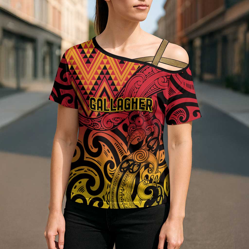 New Zealand Rangatira Custom Cross Shoulder Shirt Red and Gold Niho Taniwha Maori Tribal - Aussie Hoodie