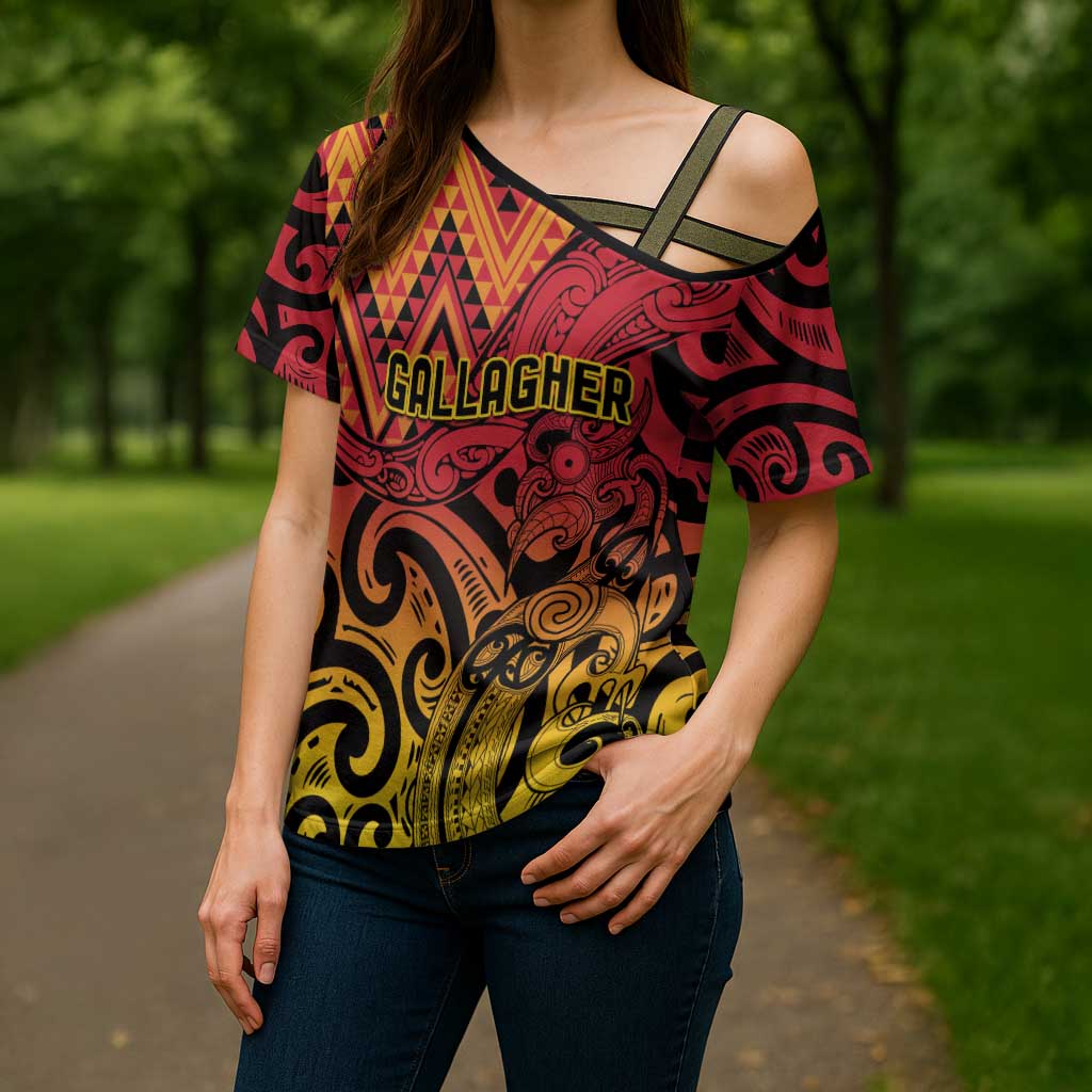 New Zealand Rangatira Custom Cross Shoulder Shirt Red and Gold Niho Taniwha Maori Tribal - Aussie Hoodie