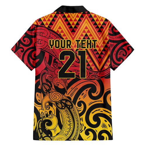 New Zealand Rangatira Custom Family Matching Off The Shoulder Long Sleeve Dress and Hawaiian Shirt Red and Gold Niho Taniwha Maori Tribal