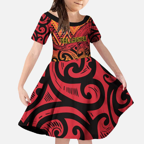 New Zealand Rangatira Custom Family Matching Off Shoulder Maxi Dress and Hawaiian Shirt Red and Gold Niho Taniwha Maori Tribal