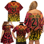 New Zealand Rangatira Custom Family Matching Off Shoulder Short Dress and Hawaiian Shirt Red and Gold Niho Taniwha Maori Tribal