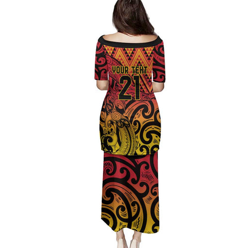 New Zealand Rangatira Custom Family Matching Puletasi and Hawaiian Shirt Red and Gold Niho Taniwha Maori Tribal
