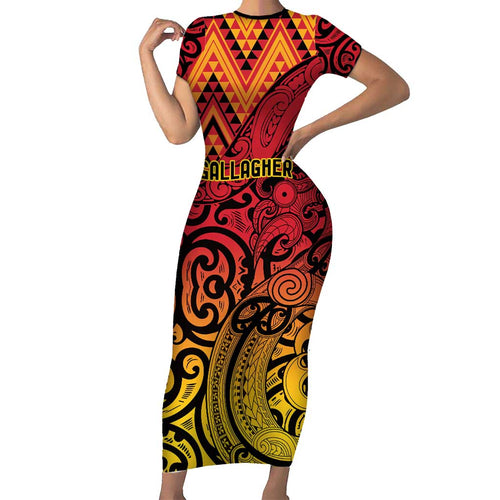 New Zealand Rangatira Custom Family Matching Short Sleeve Bodycon Dress and Hawaiian Shirt Red and Gold Niho Taniwha Maori Tribal