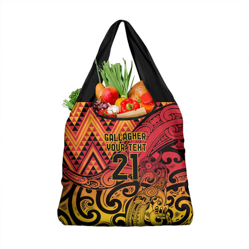 New Zealand Rangatira Custom Grocery Bag Red and Gold Niho Taniwha Maori Tribal