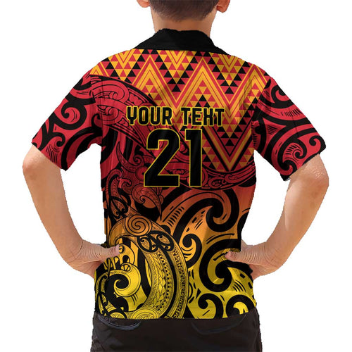 New Zealand Rangatira Custom Kid Hawaiian Shirt Red and Gold Niho Taniwha Maori Tribal