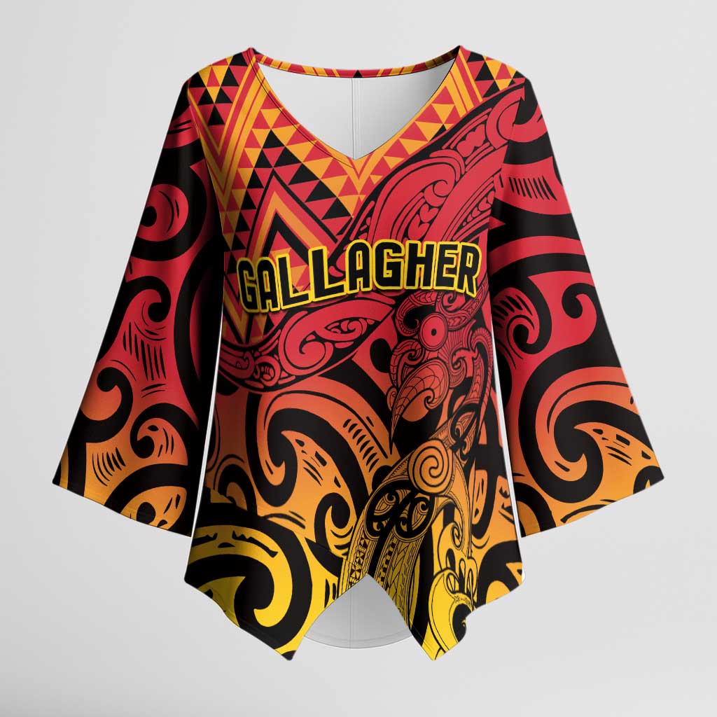 New Zealand Rangatira Custom Kimono Sleeve Blouse Red and Gold Niho Taniwha Maori Tribal - Aussie Hoodie