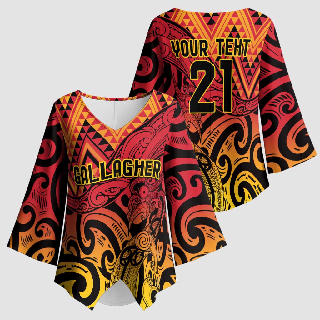 New Zealand Rangatira Custom Kimono Sleeve Blouse Red and Gold Niho Taniwha Maori Tribal - Aussie Hoodie