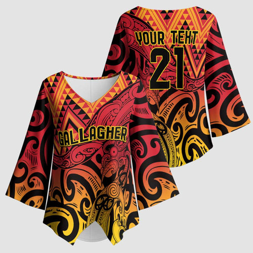 New Zealand Rangatira Custom Kimono Sleeve Blouse Red and Gold Niho Taniwha Maori Tribal - Aussie Hoodie