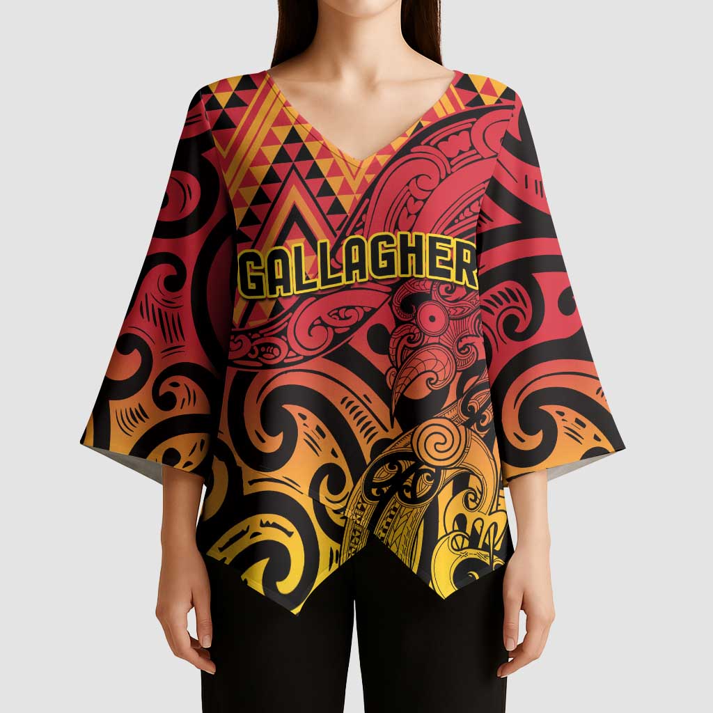 New Zealand Rangatira Custom Kimono Sleeve Blouse Red and Gold Niho Taniwha Maori Tribal - Aussie Hoodie