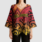 New Zealand Rangatira Custom Kimono Sleeve Blouse Red and Gold Niho Taniwha Maori Tribal - Aussie Hoodie