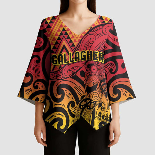 New Zealand Rangatira Custom Kimono Sleeve Blouse Red and Gold Niho Taniwha Maori Tribal - Aussie Hoodie