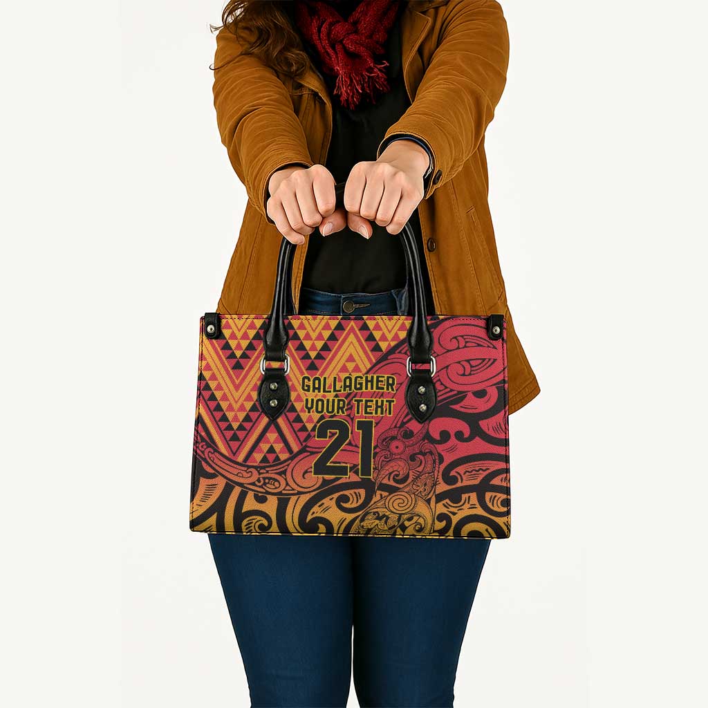 New Zealand Rangatira Custom Leather Bag Red and Gold Niho Taniwha Maori Tribal - Aussie Hoodie