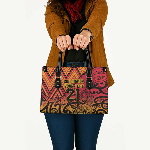 New Zealand Rangatira Custom Leather Bag Red and Gold Niho Taniwha Maori Tribal - Aussie Hoodie
