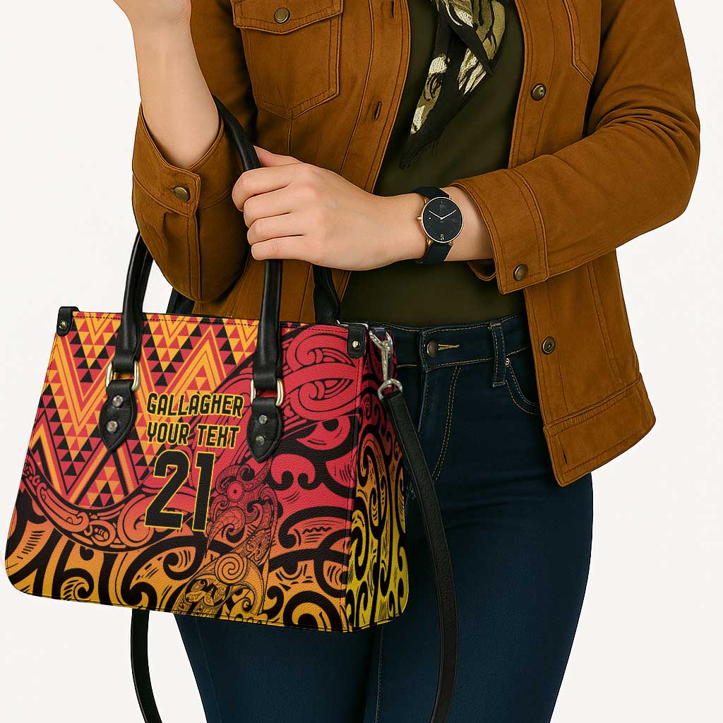 New Zealand Rangatira Custom Leather Bag Red and Gold Niho Taniwha Maori Tribal - Aussie Hoodie