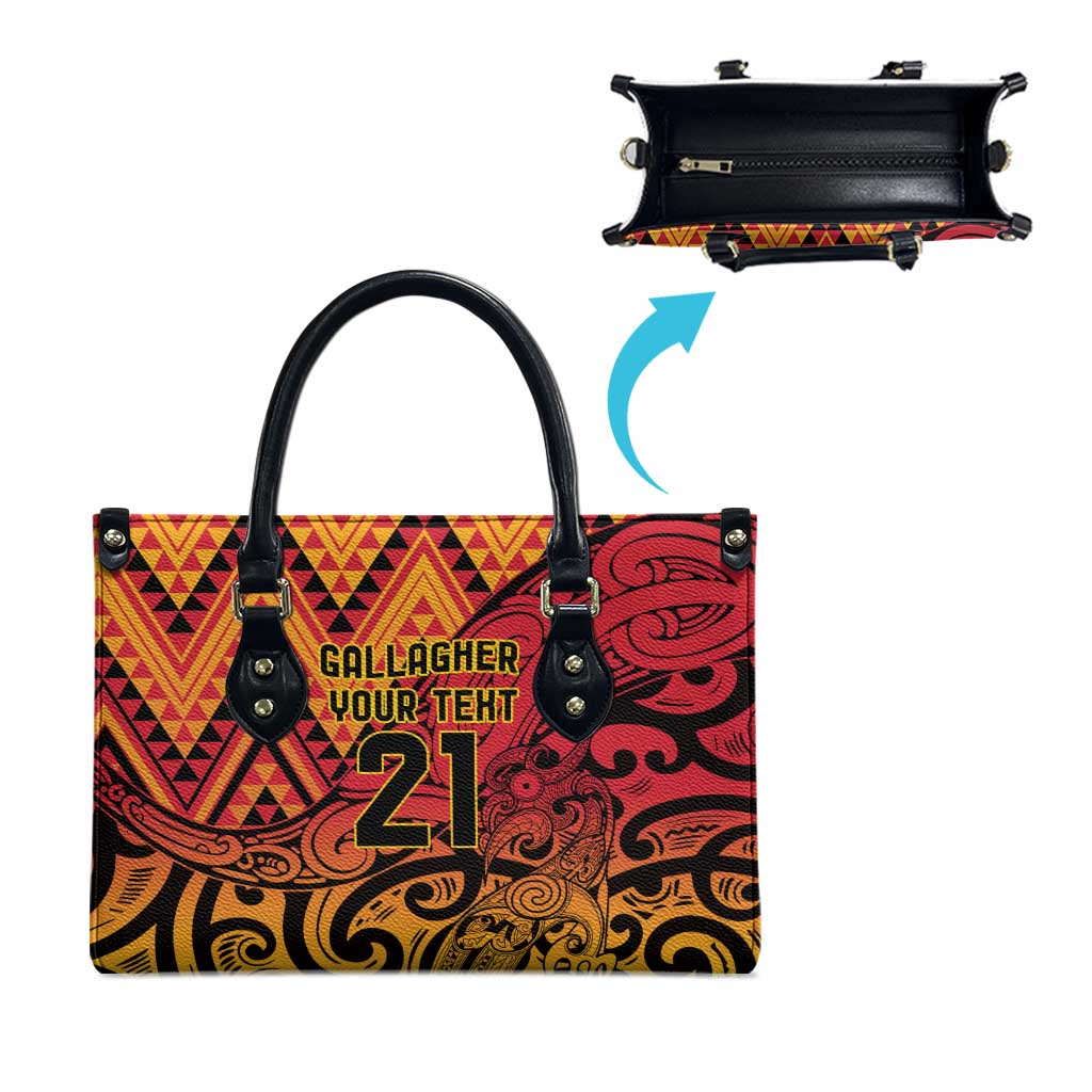 New Zealand Rangatira Custom Leather Bag Red and Gold Niho Taniwha Maori Tribal - Aussie Hoodie