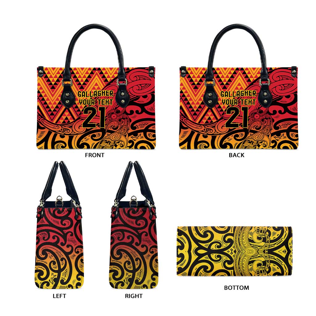New Zealand Rangatira Custom Leather Bag Red and Gold Niho Taniwha Maori Tribal - Aussie Hoodie
