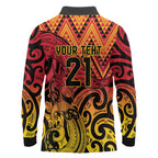 New Zealand Rangatira Custom Long Sleeve Polo Shirt Red and Gold Niho Taniwha Maori Tribal