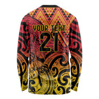 New Zealand Rangatira Custom Long Sleeve Shirt Red and Gold Niho Taniwha Maori Tribal