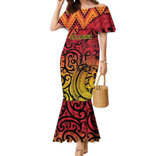 New Zealand Rangatira Custom Mermaid Dress Red and Gold Niho Taniwha Maori Tribal