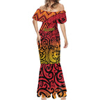 New Zealand Rangatira Custom Mermaid Dress Red and Gold Niho Taniwha Maori Tribal