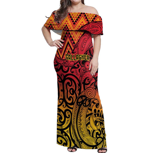 New Zealand Rangatira Custom Off Shoulder Maxi Dress Red and Gold Niho Taniwha Maori Tribal