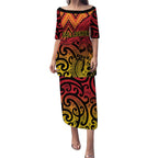 New Zealand Rangatira Custom Puletasi Red and Gold Niho Taniwha Maori Tribal