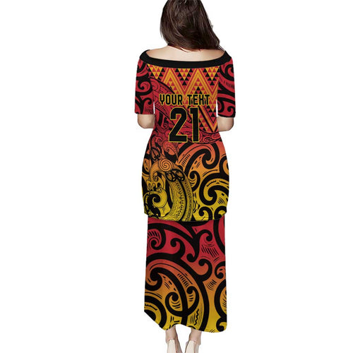 New Zealand Rangatira Custom Puletasi Red and Gold Niho Taniwha Maori Tribal