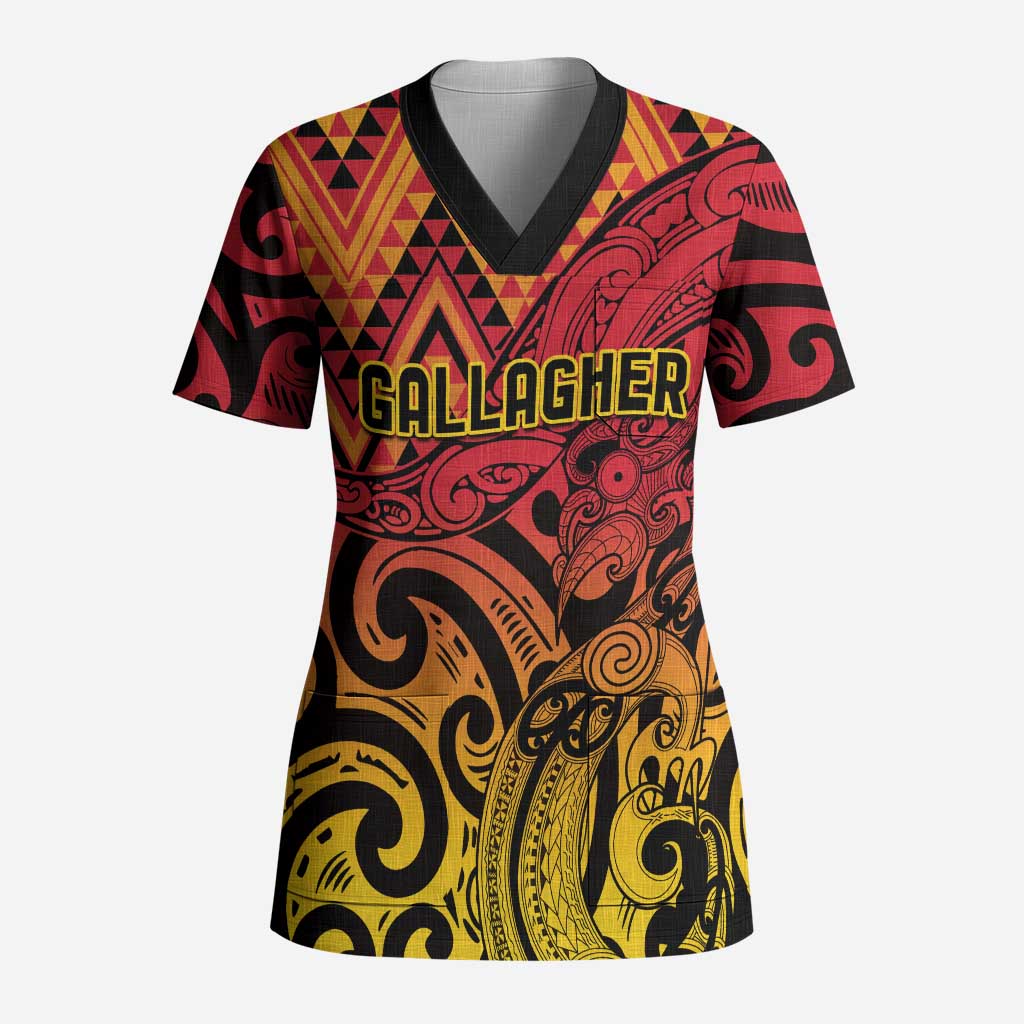 New Zealand Rangatira Custom Scrub Top Red and Gold Niho Taniwha Maori Tribal - Aussie Hoodie