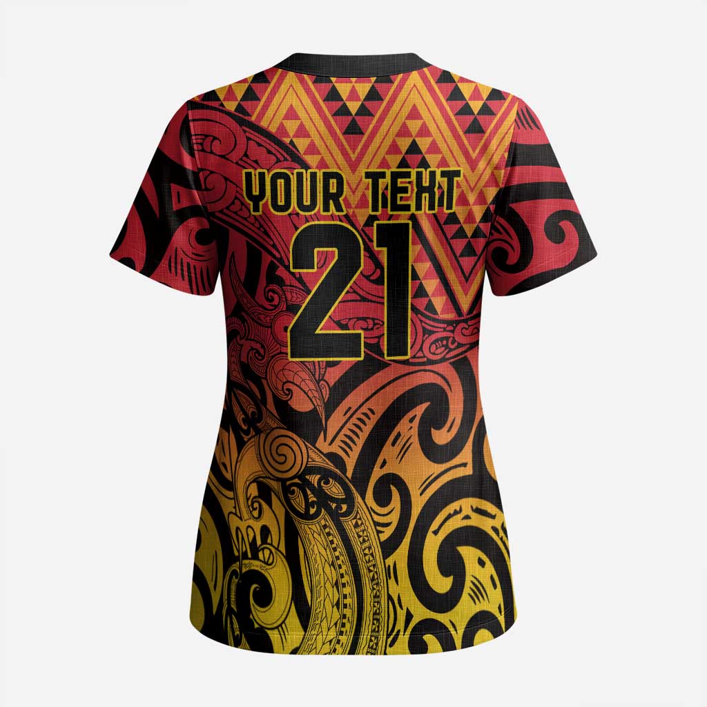 New Zealand Rangatira Custom Scrub Top Red and Gold Niho Taniwha Maori Tribal - Aussie Hoodie