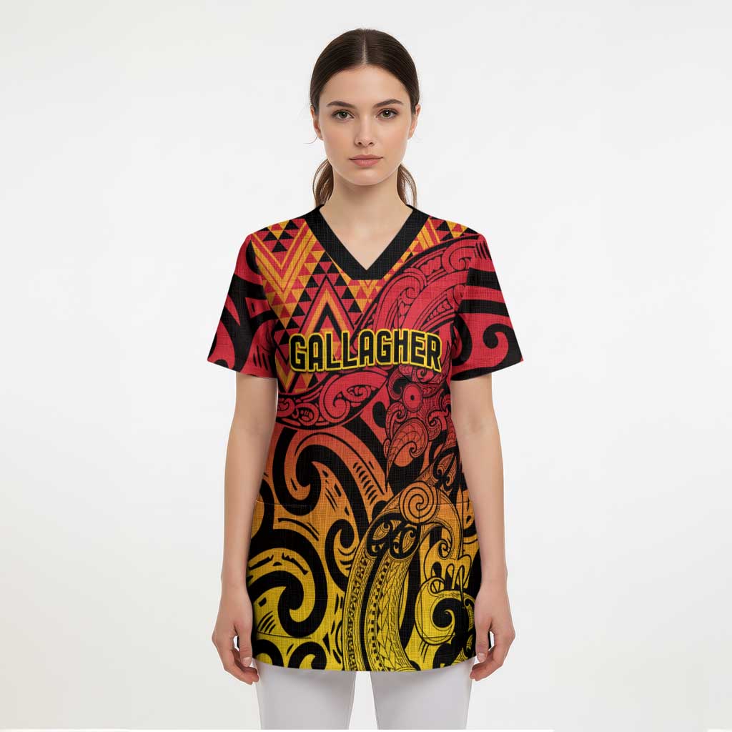 New Zealand Rangatira Custom Scrub Top Red and Gold Niho Taniwha Maori Tribal - Aussie Hoodie