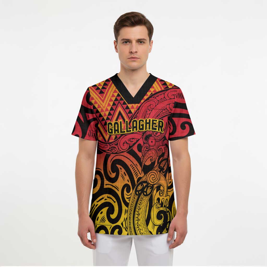 New Zealand Rangatira Custom Scrub Top Red and Gold Niho Taniwha Maori Tribal - Aussie Hoodie