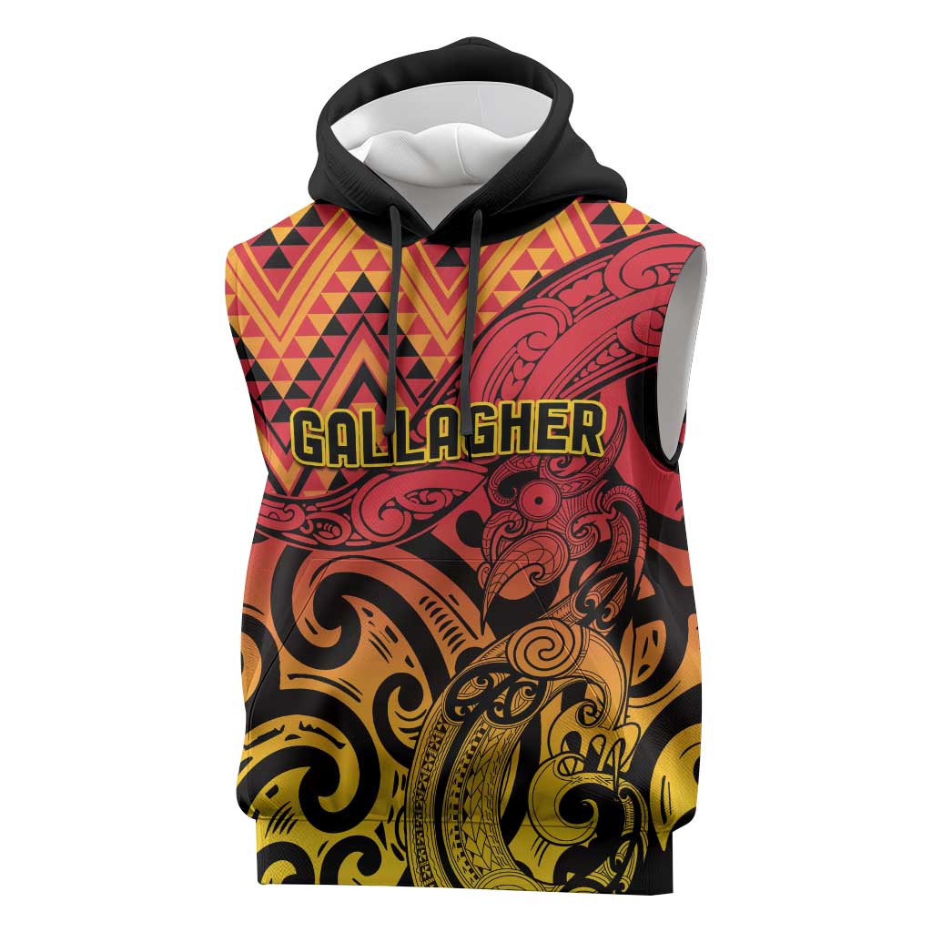 New Zealand Rangatira Custom Sleeveless Hoodie Red and Gold Niho Taniwha Maori Tribal - Aussie Hoodie