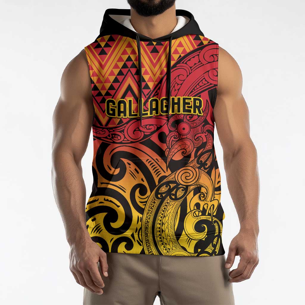 New Zealand Rangatira Custom Sleeveless Hoodie Red and Gold Niho Taniwha Maori Tribal - Aussie Hoodie