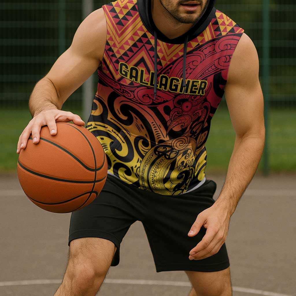 New Zealand Rangatira Custom Sleeveless Hoodie Red and Gold Niho Taniwha Maori Tribal - Aussie Hoodie