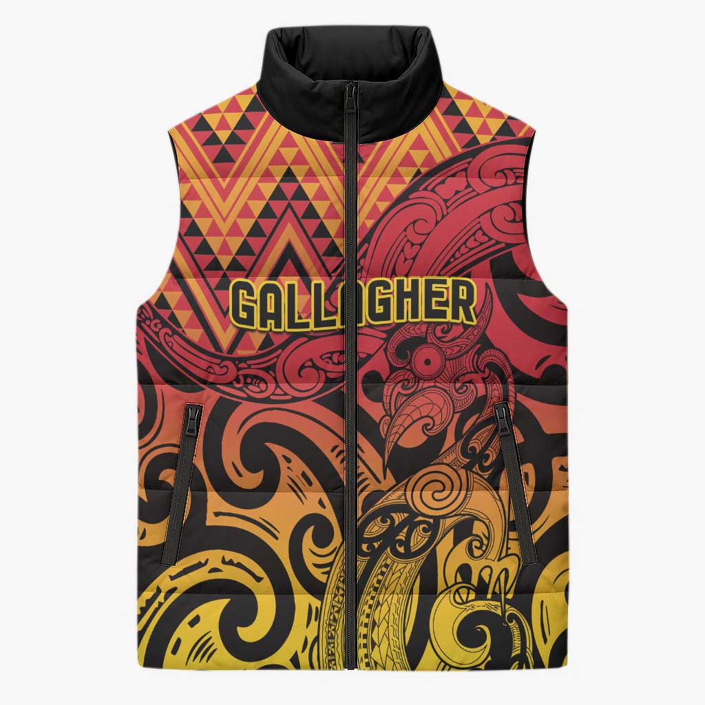 New Zealand Rangatira Custom Sleeveless Puffer Jacket Red and Gold Niho Taniwha Maori Tribal - Aussie Hoodie