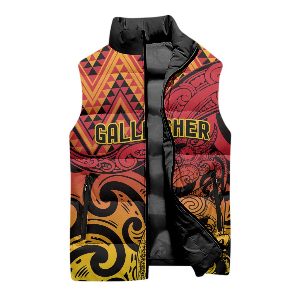 New Zealand Rangatira Custom Sleeveless Puffer Jacket Red and Gold Niho Taniwha Maori Tribal - Aussie Hoodie