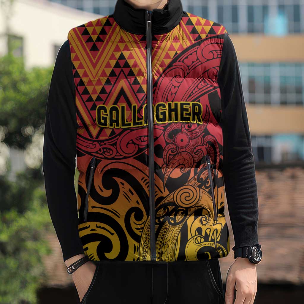 New Zealand Rangatira Custom Sleeveless Puffer Jacket Red and Gold Niho Taniwha Maori Tribal - Aussie Hoodie