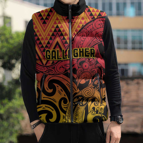 New Zealand Rangatira Custom Sleeveless Puffer Jacket Red and Gold Niho Taniwha Maori Tribal - Aussie Hoodie
