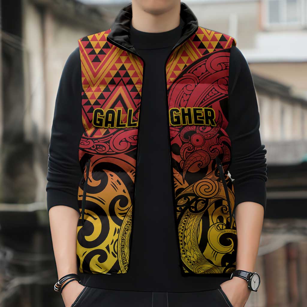 New Zealand Rangatira Custom Sleeveless Puffer Jacket Red and Gold Niho Taniwha Maori Tribal - Aussie Hoodie