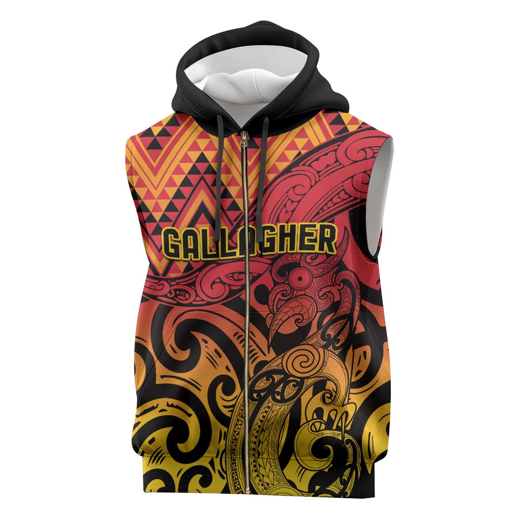 New Zealand Rangatira Custom Sleeveless Zip Hoodie Red and Gold Niho Taniwha Maori Tribal - Aussie Hoodie