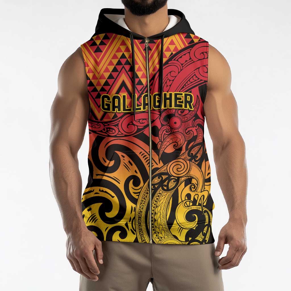 New Zealand Rangatira Custom Sleeveless Zip Hoodie Red and Gold Niho Taniwha Maori Tribal - Aussie Hoodie