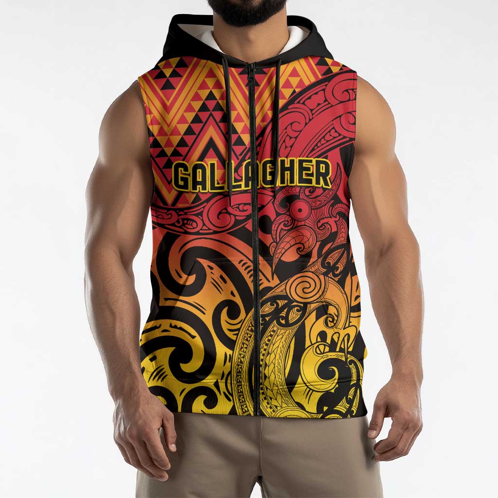 New Zealand Rangatira Custom Sleeveless Zip Hoodie Red and Gold Niho Taniwha Maori Tribal LT9