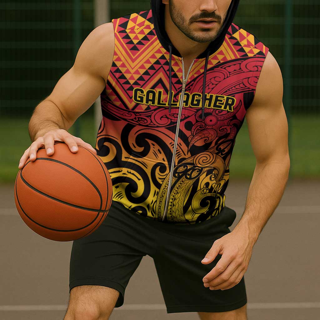 New Zealand Rangatira Custom Sleeveless Zip Hoodie Red and Gold Niho Taniwha Maori Tribal - Aussie Hoodie