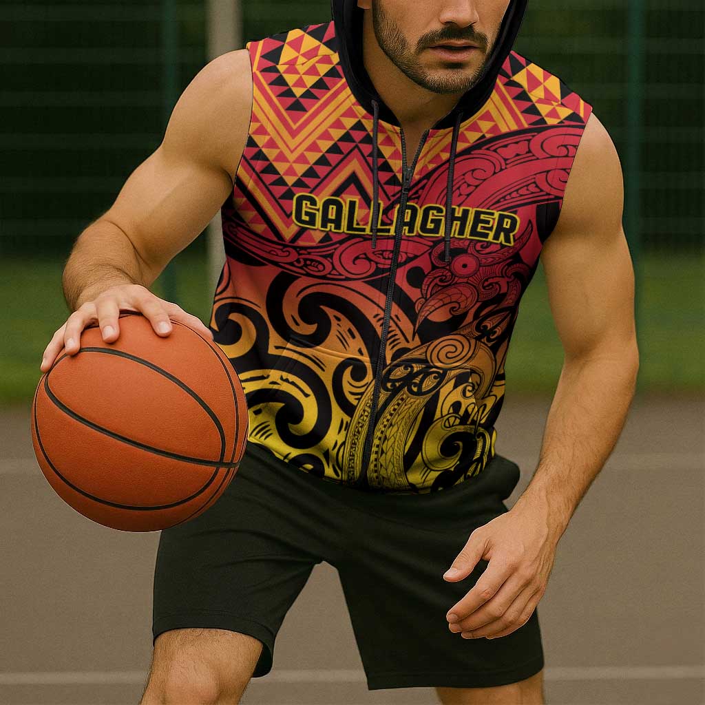 New Zealand Rangatira Custom Sleeveless Zip Hoodie Red and Gold Niho Taniwha Maori Tribal LT9